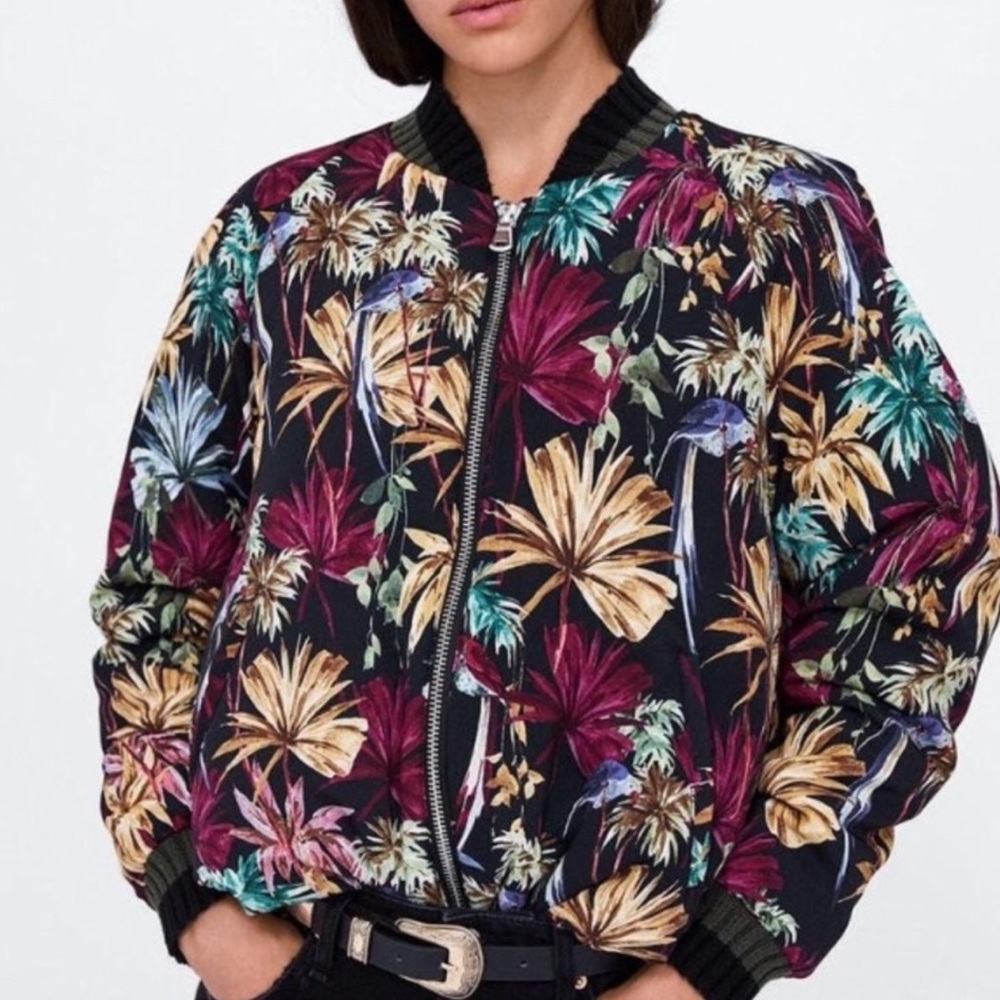 Zara Floral Palm Leaf Tropical Print Bomber Jacket Zip Front Pockets Black XL